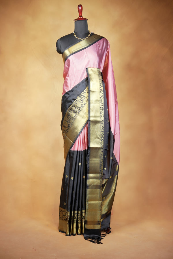 Banarasi Silk Saree | Baby Pink with Black Gold Zari Border | Wedding & Festive Wear