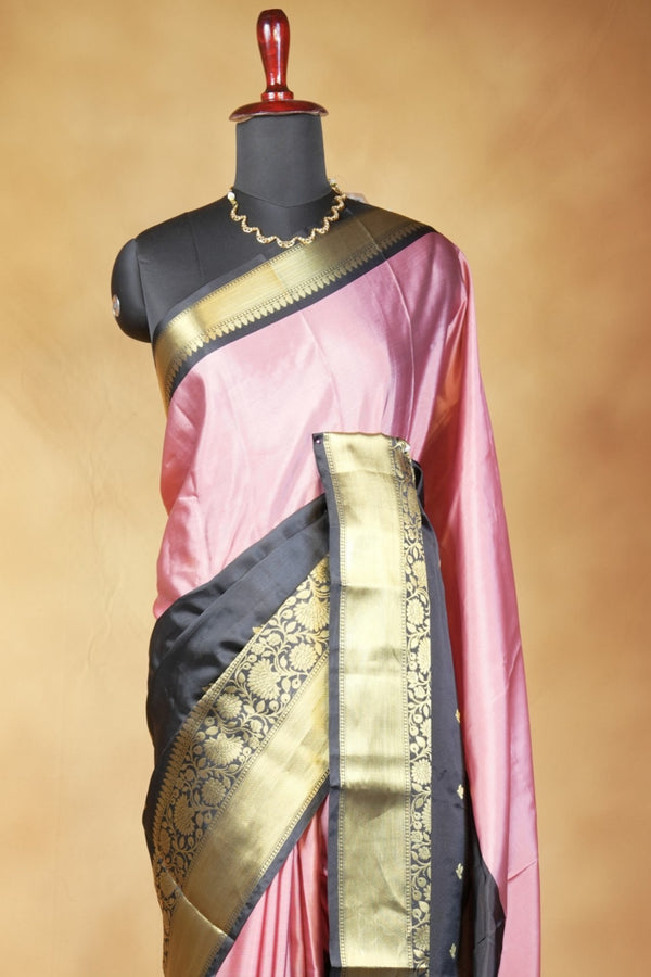 Banarasi Silk Saree | Baby Pink with Black Gold Zari Border | Wedding & Festive Wear