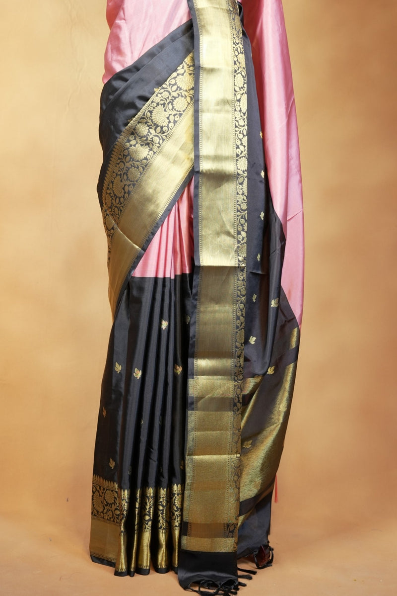 Banarasi Silk Saree | Baby Pink with Black Gold Zari Border | Wedding & Festive Wear