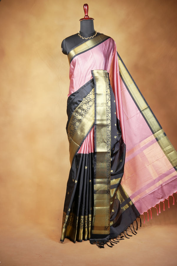 Banarasi Silk Saree | Baby Pink with Black Gold Zari Border | Wedding & Festive Wear