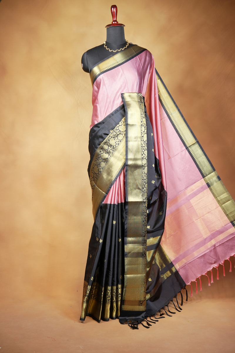 Banarasi Silk Saree | Baby Pink with Black Gold Zari Border | Wedding & Festive Wear