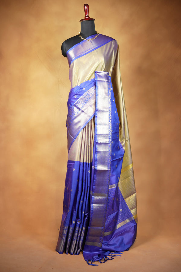 Banarasi Silk Saree | Antique Gold with Royal Blue Zari Border | Wedding & Festive Wear