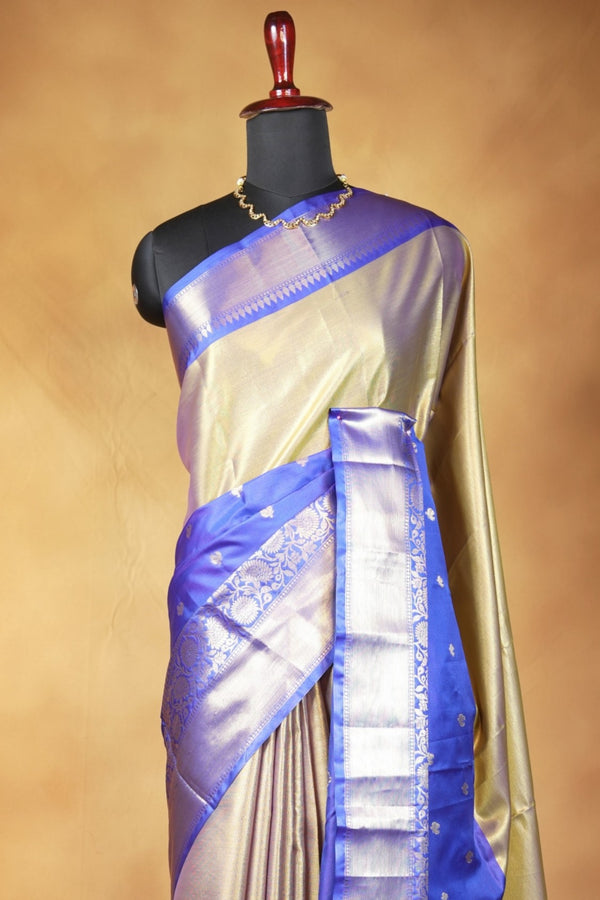 Banarasi Silk Saree | Antique Gold with Royal Blue Zari Border | Wedding & Festive Wear