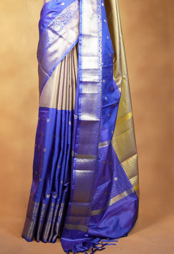 Banarasi Silk Saree | Antique Gold with Royal Blue Zari Border | Wedding & Festive Wear