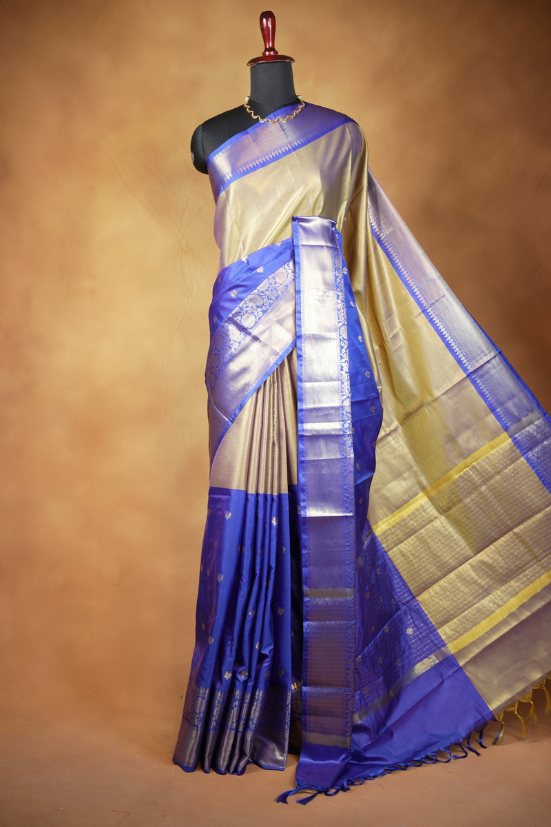 Banarasi Silk Saree | Antique Gold with Royal Blue Zari Border | Wedding & Festive Wear