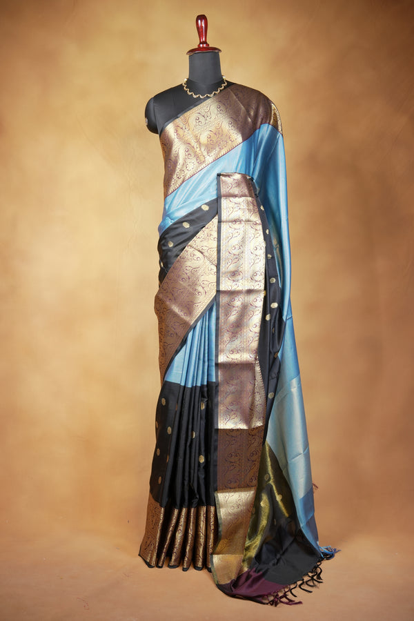 Glossy Blue Banarasi Silk Saree | Antique Gold Paisley Border with Gold Buta | Festive Ethnic Wear