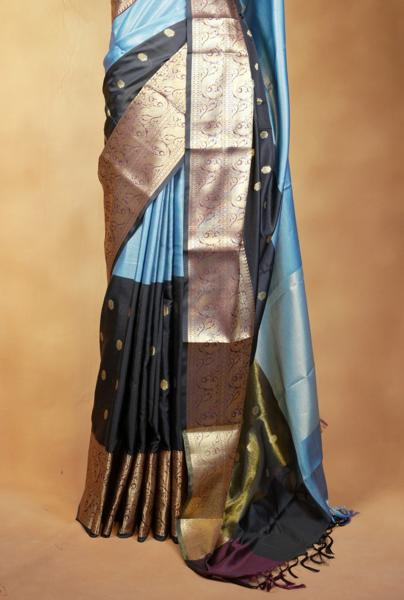Glossy Blue Banarasi Silk Saree | Antique Gold Paisley Border with Gold Buta | Festive Ethnic Wear