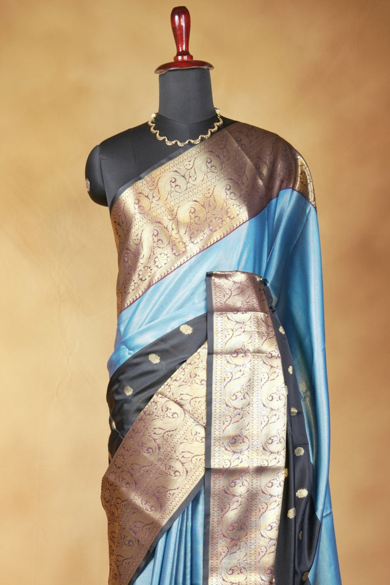 Glossy Blue Banarasi Silk Saree | Antique Gold Paisley Border with Gold Buta | Festive Ethnic Wear