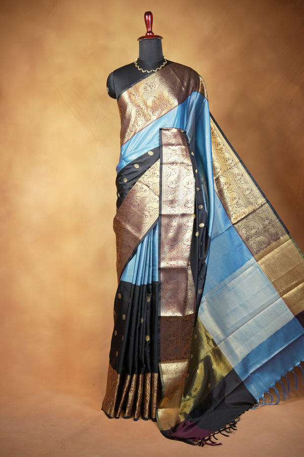 Glossy Blue Banarasi Silk Saree | Antique Gold Paisley Border with Gold Buta | Festive Ethnic Wear