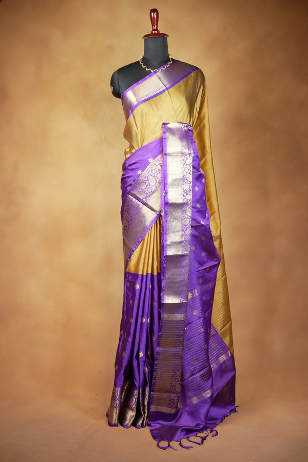 Banarasi Silk Saree | Royal Purple with Mustard Gold Pallu & Silver Gold Zari Border | Wedding & Festive Wear