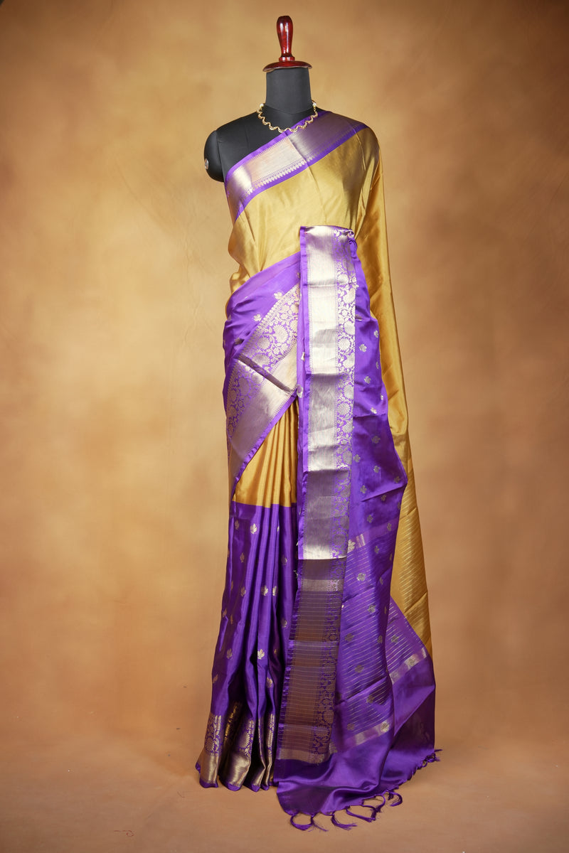 Banarasi Silk Saree | Royal Purple with Mustard Gold Pallu & Silver Gold Zari Border | Wedding & Festive Wear