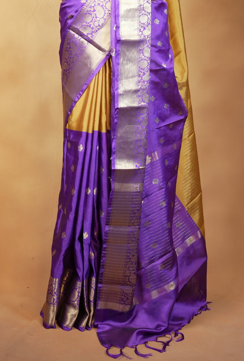 Banarasi Silk Saree | Royal Purple with Mustard Gold Pallu & Silver Gold Zari Border | Wedding & Festive Wear