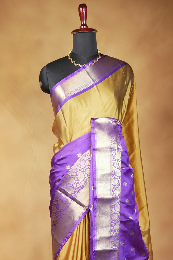 Banarasi Silk Saree | Royal Purple with Mustard Gold Pallu & Silver Gold Zari Border | Wedding & Festive Wear
