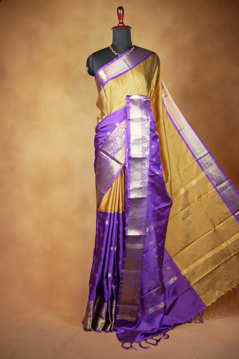 Banarasi Silk Saree | Royal Purple with Mustard Gold Pallu & Silver Gold Zari Border | Wedding & Festive Wear