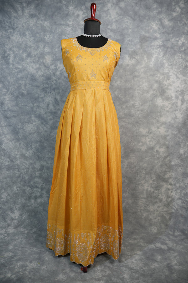 Yellow Chiffon Stone Chudi Maxi Set - A radiant yellow chiffon maxi set adorned with delicate stone detailing that adds a subtle sparkle. Designed with a graceful flow and lightweight comfort, it offers an elegant.