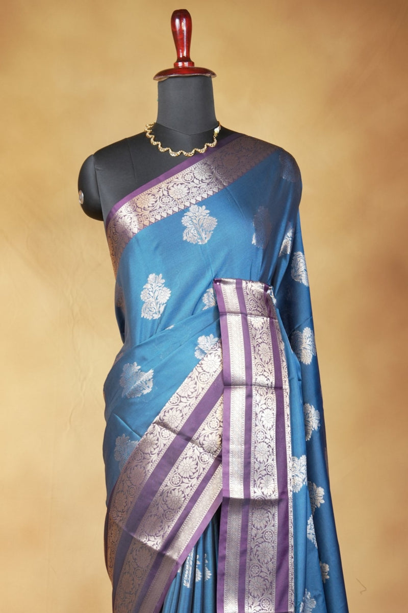 Katan Silk Saree | Teal Blue with Purple Striped Zari Border | Wedding & Festive Wear
