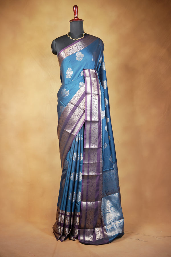 Katan Silk Saree | Teal Blue with Purple Striped Zari Border | Wedding & Festive Wear