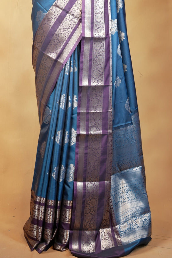 Katan Silk Saree | Teal Blue with Purple Striped Zari Border | Wedding & Festive Wear