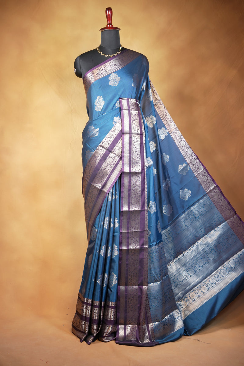 Katan Silk Saree | Teal Blue with Purple Striped Zari Border | Wedding & Festive Wear