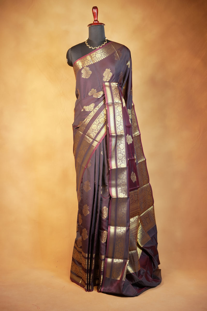 Katan Silk Saree | Coffee Brown with Gold Zari Border | Wedding & Festive Wear