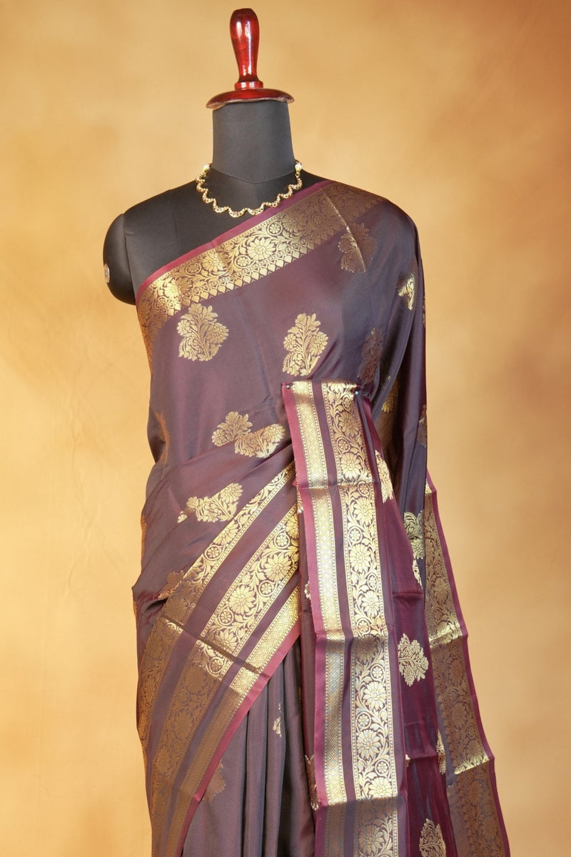Katan Silk Saree | Coffee Brown with Gold Zari Border | Wedding & Festive Wear