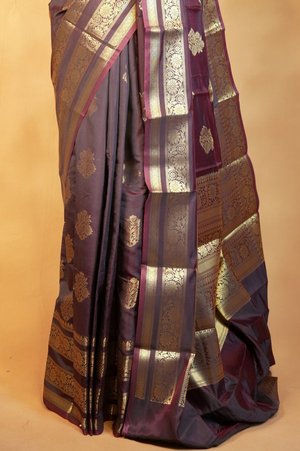 Katan Silk Saree | Coffee Brown with Gold Zari Border | Wedding & Festive Wear