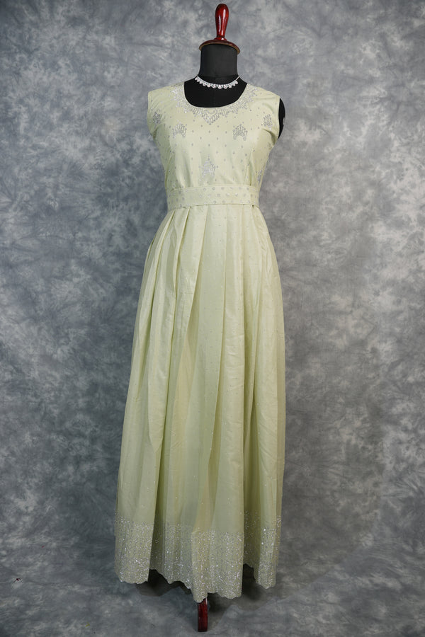 Mint Cream Stone Chudi Maxi Set – A graceful blend of mint and cream tones, beautifully highlighted with delicate stone detailing. Designed for a refined and elegant look, this maxi set offers a flattering silhouette with a touch of subtle sparkle.