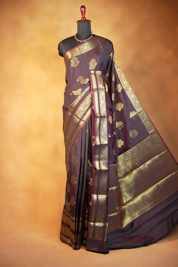 Katan Silk Saree | Coffee Brown with Gold Zari Border | Wedding & Festive Wear