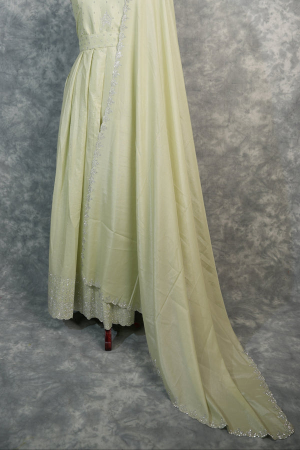 Mint Cream Stone Chudi Maxi Set – A graceful blend of mint and cream tones, beautifully highlighted with delicate stone detailing. Designed for a refined and elegant look, this maxi set offers a flattering silhouette with a touch of subtle sparkle.