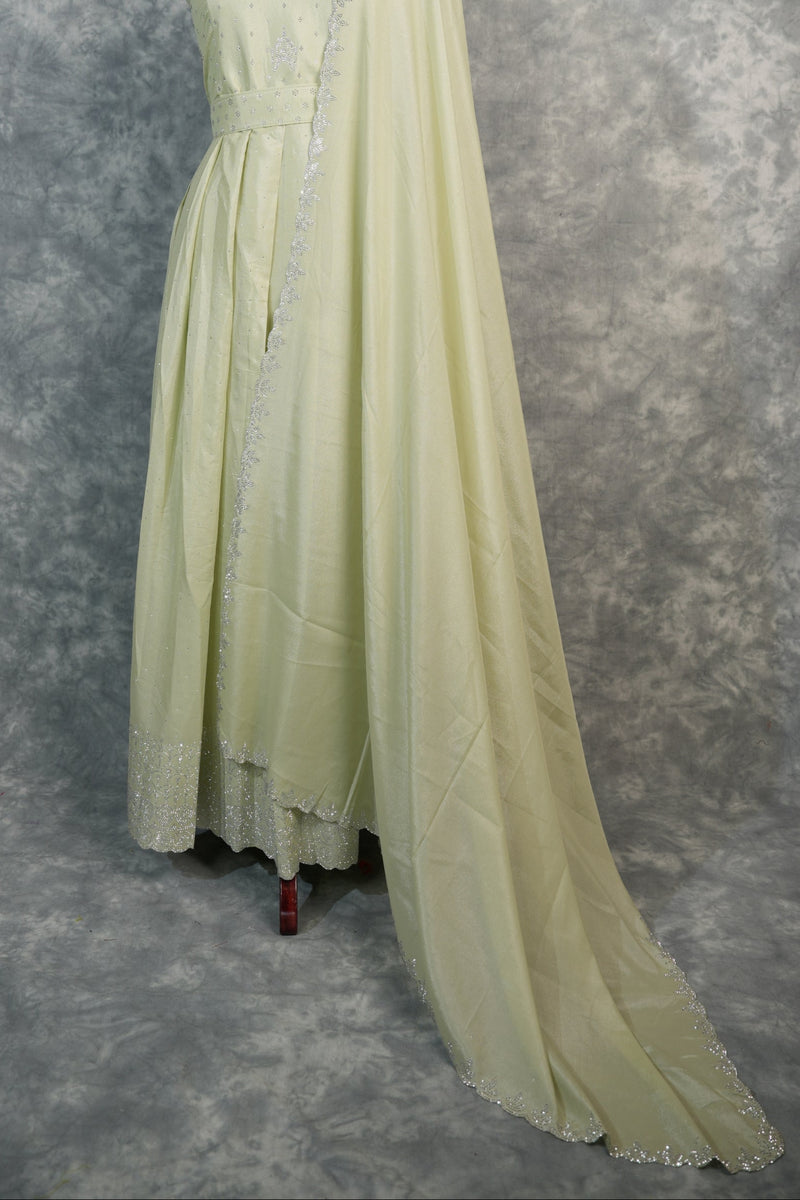 Mint Cream Stone Chudi Maxi Set – A graceful blend of mint and cream tones, beautifully highlighted with delicate stone detailing. Designed for a refined and elegant look, this maxi set offers a flattering silhouette with a touch of subtle sparkle.