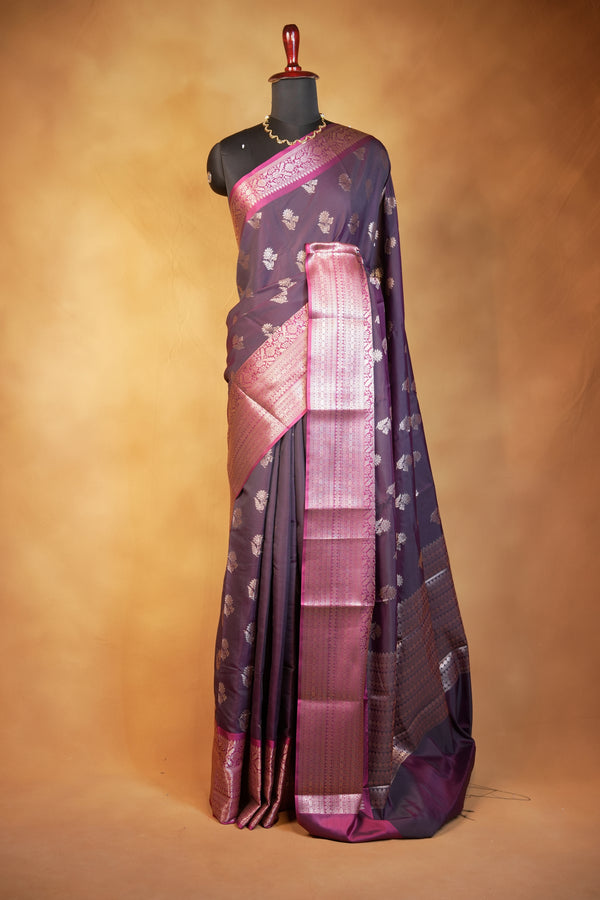 Katan Silk Saree | Plum with Rose Gold Zari Pallu | Traditional Wedding Saree