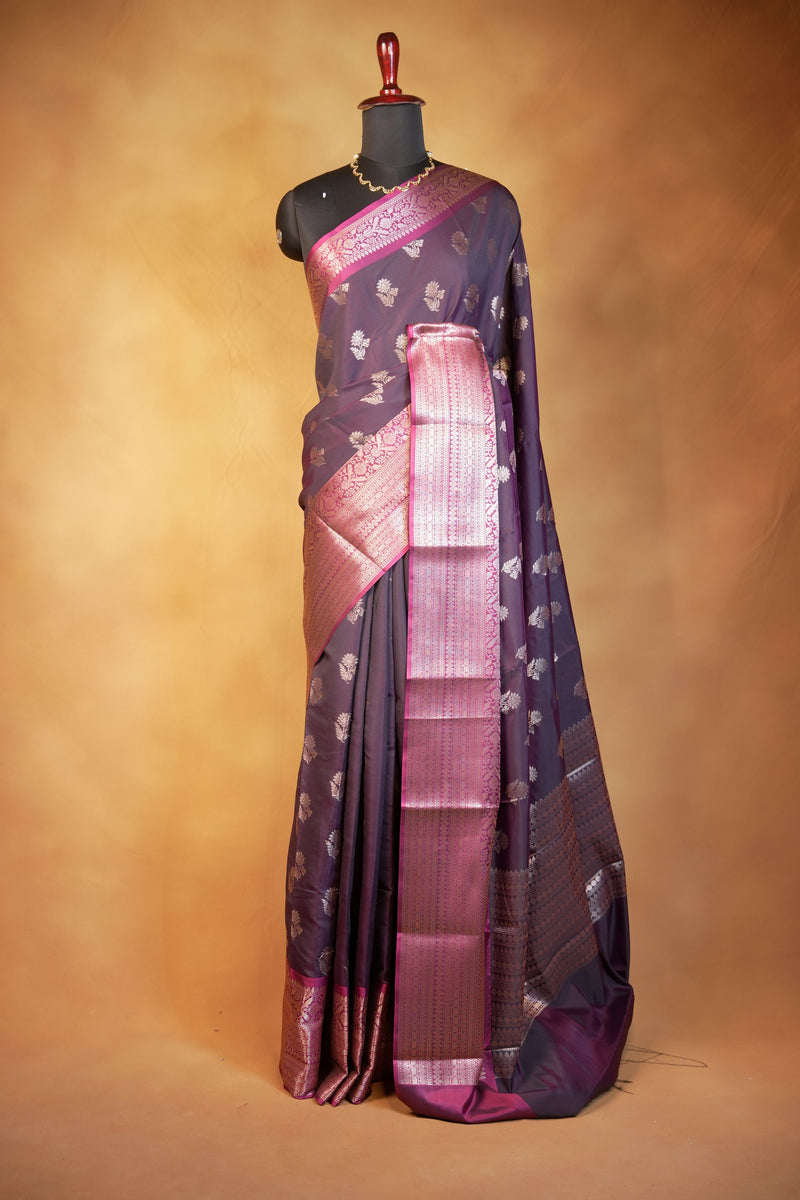 Katan Silk Saree | Plum with Rose Gold Zari Pallu | Traditional Wedding Saree