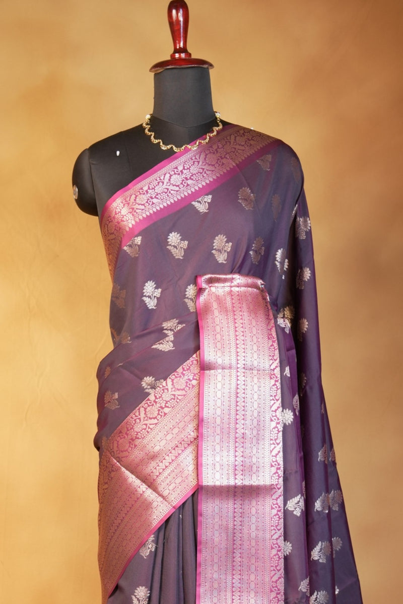 Katan Silk Saree | Plum with Rose Gold Zari Pallu | Traditional Wedding Saree