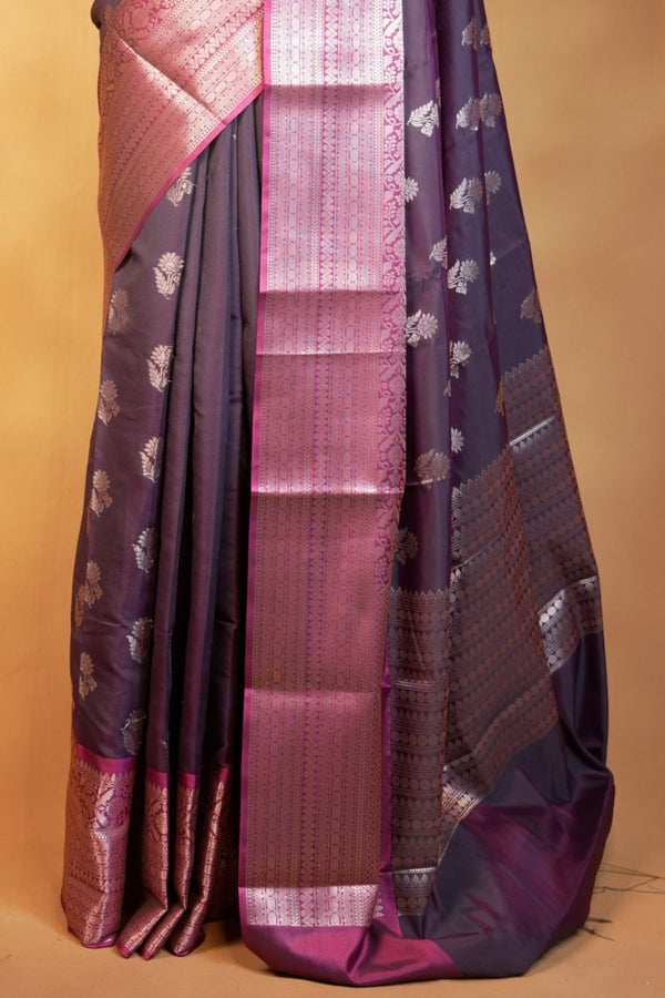 Katan Silk Saree | Plum with Rose Gold Zari Pallu | Traditional Wedding Saree