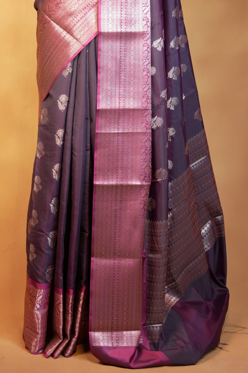 Katan Silk Saree | Plum with Rose Gold Zari Pallu | Traditional Wedding Saree