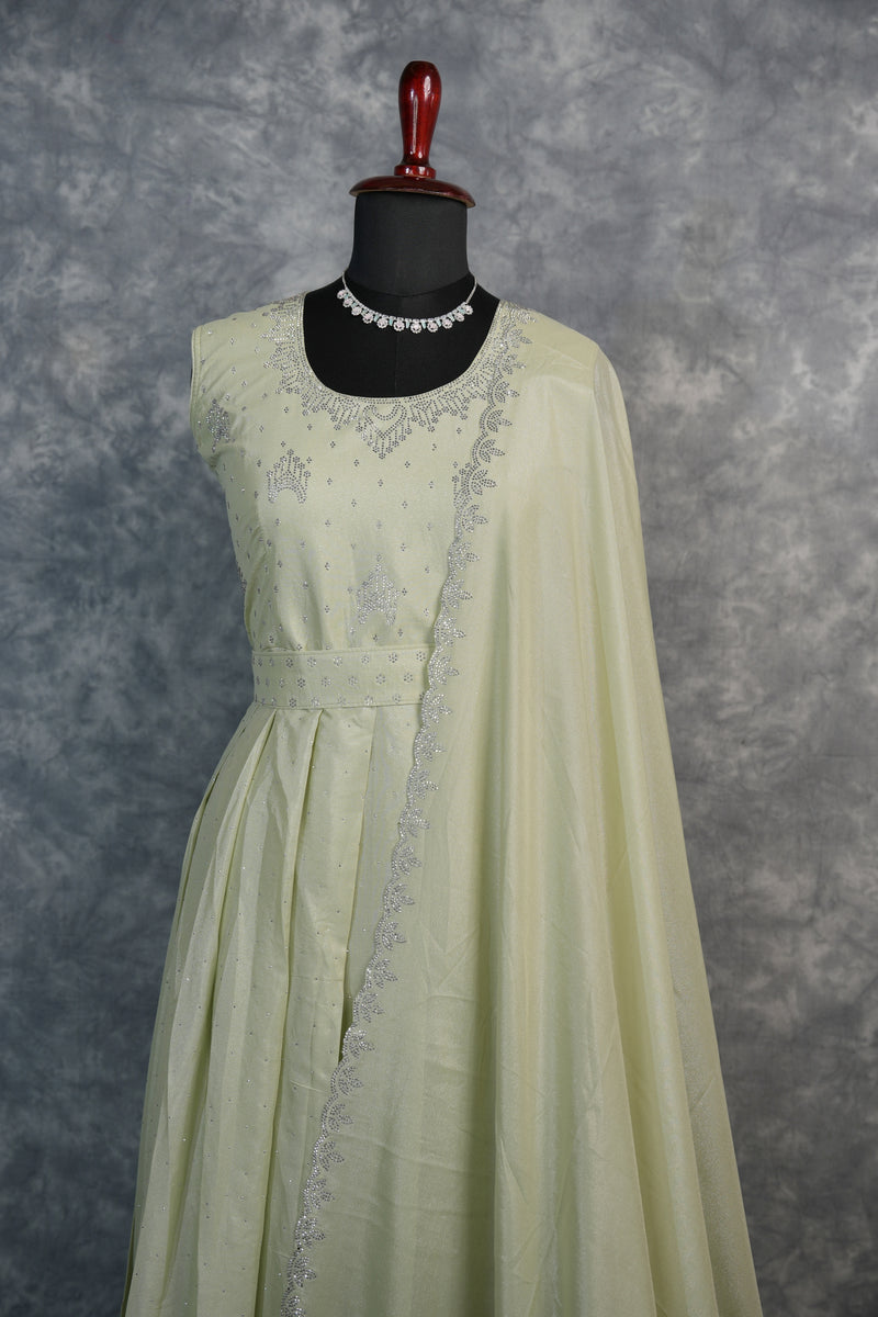 Mint Cream Stone Chudi Maxi Set – A graceful blend of mint and cream tones, beautifully highlighted with delicate stone detailing. Designed for a refined and elegant look, this maxi set offers a flattering silhouette with a touch of subtle sparkle.