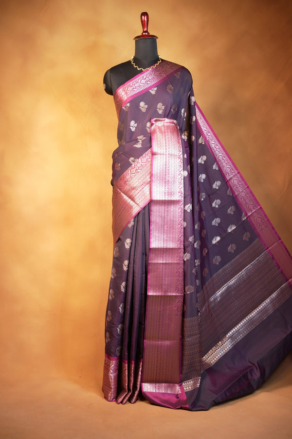 Katan Silk Saree | Plum with Rose Gold Zari Pallu | Traditional Wedding Saree