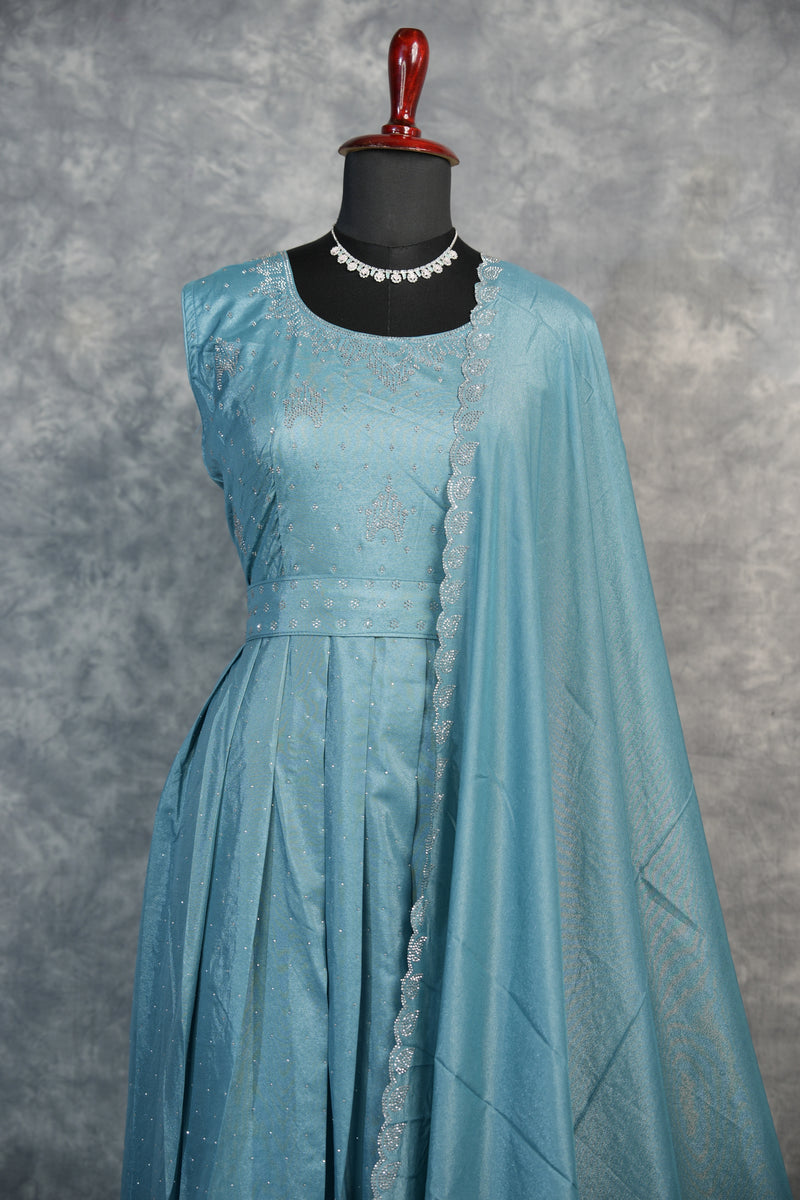 Steel Blue Chiffon Maxi Set – A flowy chiffon ensemble in a serene steel blue shade, designed with a graceful silhouette that moves effortlessly. Lightweight and refined, it delivers a soft, elegant look with a touch of modern charm.