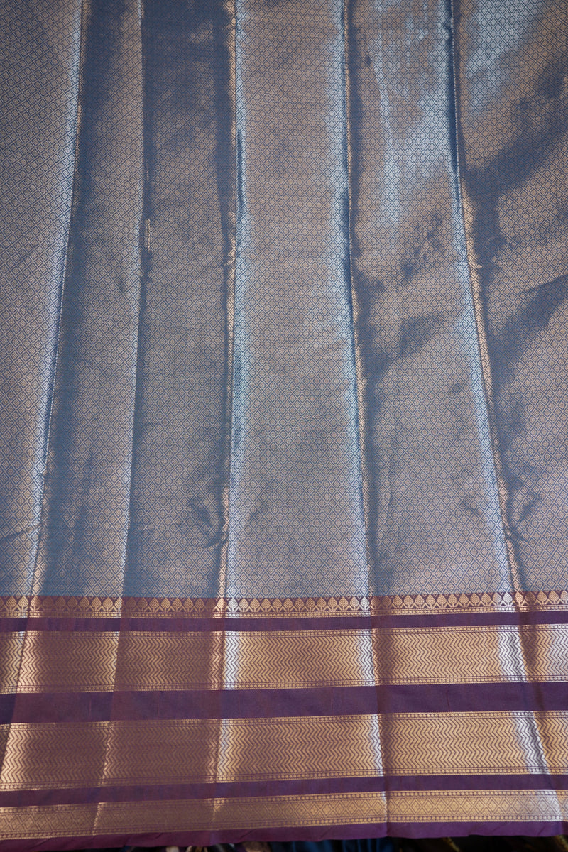 Katan Silk Saree | Teal Blue with Purple Striped Zari Border | Wedding & Festive Wear