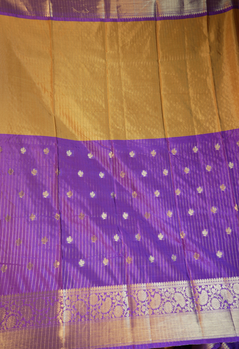 Banarasi Silk Saree | Royal Purple with Mustard Gold Pallu & Silver Gold Zari Border | Wedding & Festive Wear