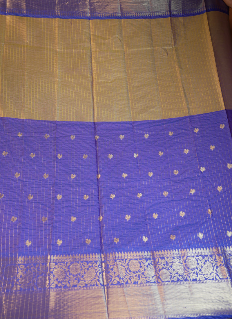 Banarasi Silk Saree | Antique Gold with Royal Blue Zari Border | Wedding & Festive Wear