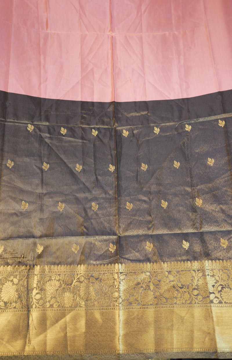 Banarasi Silk Saree | Baby Pink with Black Gold Zari Border | Wedding & Festive Wear