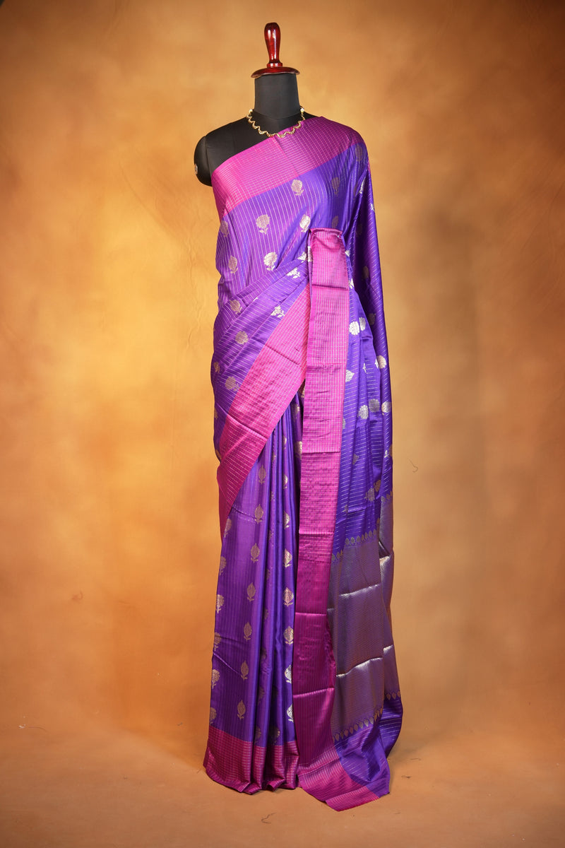 Banarasi Silk Saree | Violet with Magenta Zari Pallu | Traditional Wedding Saree