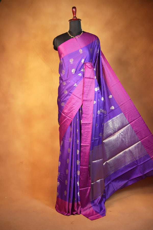 Banarasi Silk Saree | Violet with Magenta Zari Pallu | Traditional Wedding Saree