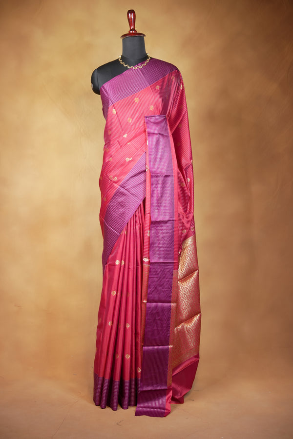 Red Banarasi Silk Saree | Gold Zari Buta with Contrast Purple Border | Bridal Wear