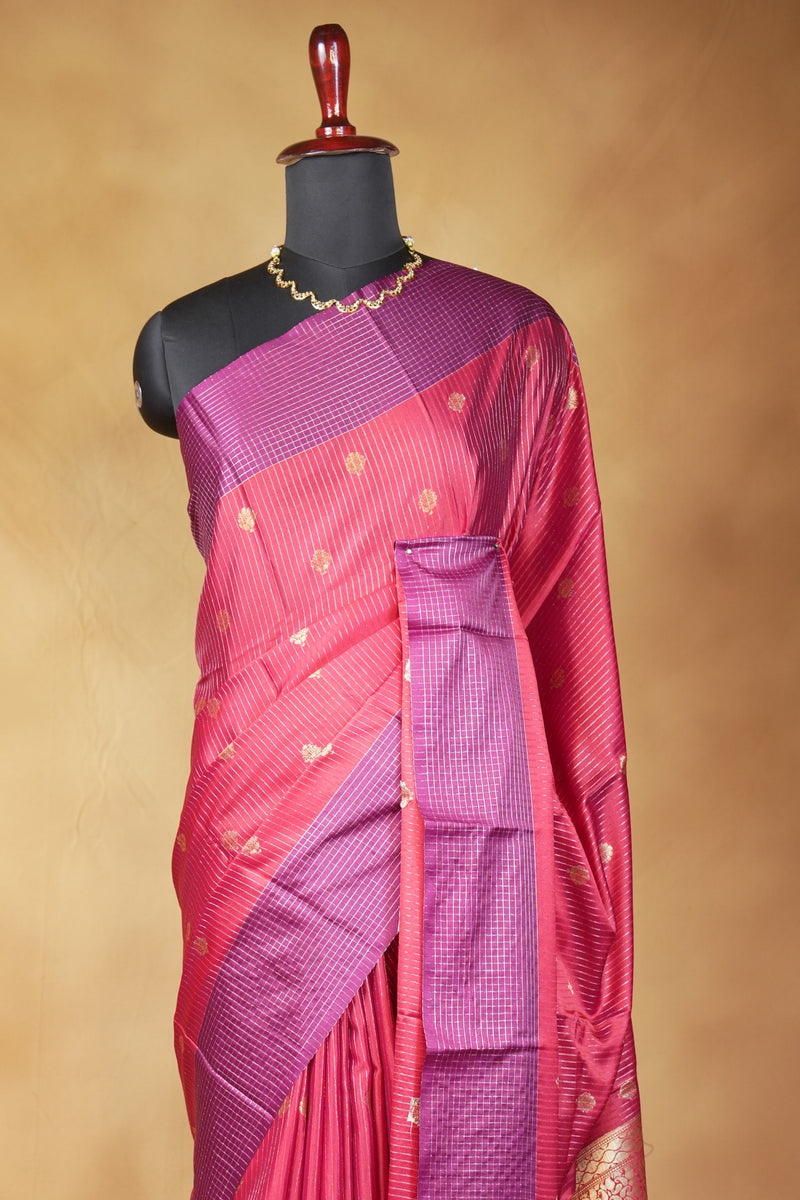 Red Banarasi Silk Saree | Gold Zari Buta with Contrast Purple Border | Bridal Wear