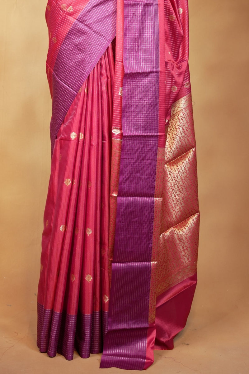 Red Banarasi Silk Saree | Gold Zari Buta with Contrast Purple Border | Bridal Wear