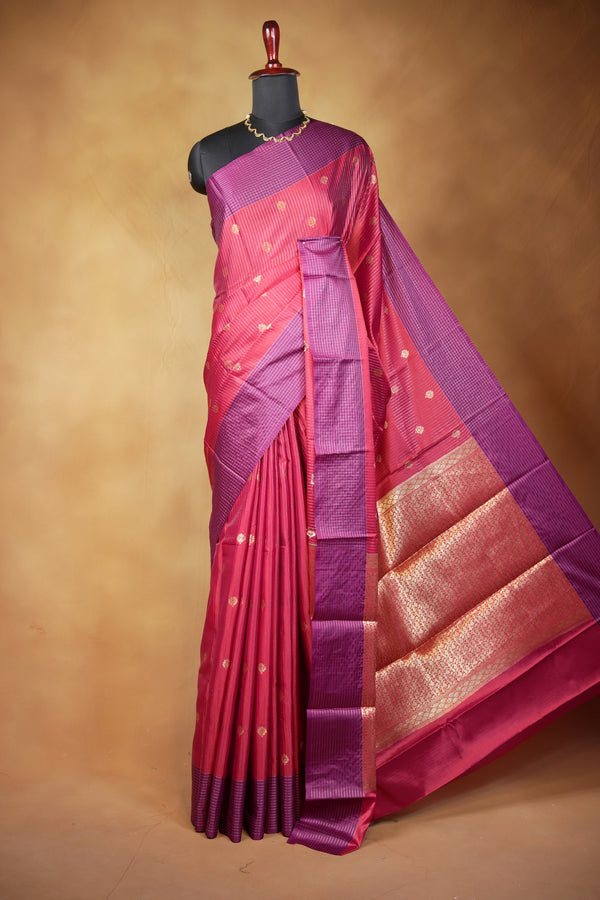 Red Banarasi Silk Saree | Gold Zari Buta with Contrast Purple Border | Bridal Wear