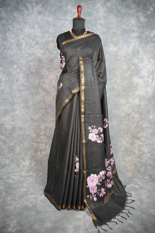 Midnight Bloom Floral Border Cotton Saree – Black Gold Designer Party Wear Cotton Saree
