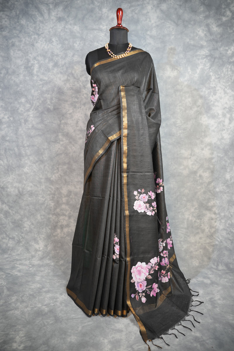 Midnight Bloom Floral Border Cotton Saree – Black Gold Designer Party Wear Cotton Saree